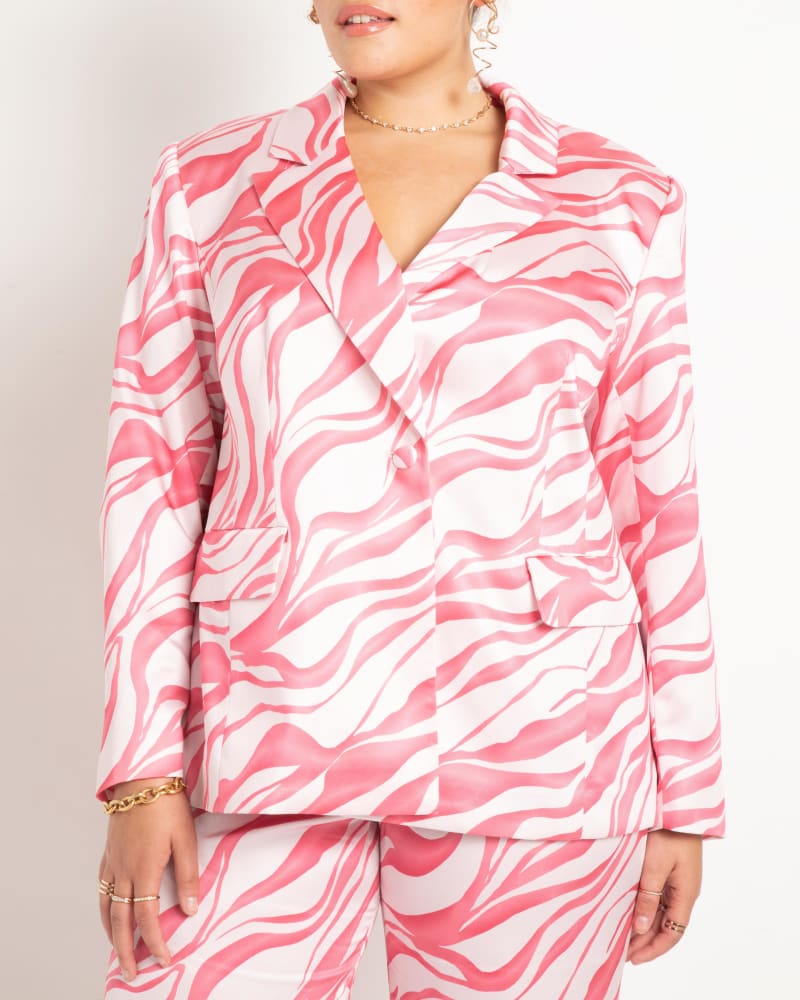 Front of a model wearing a size 24 Zebra Print Blazer in Tiger Crush by ELOQUII. | dia_product_style_image_id:270987